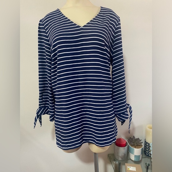 Talbots Blue and White Tie Front 3/4 Sleeve Blouse - Picture 2 of 14